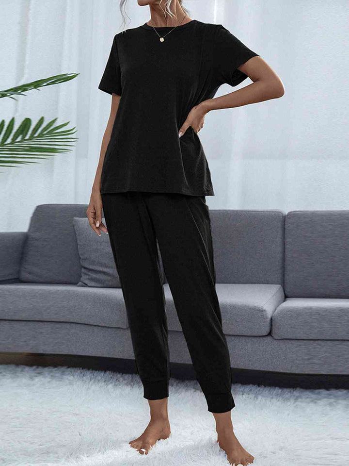 Round Neck Short Sleeve Top and Pants Set | 1mrk.com