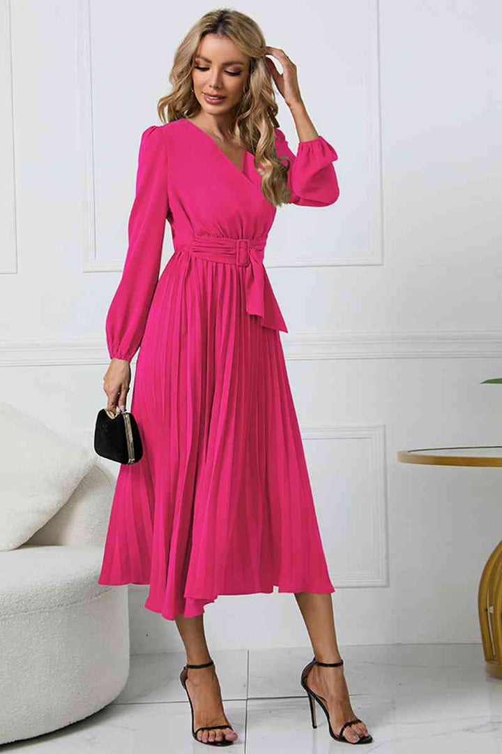 V-Neck Long Sleeve Tie Waist Midi Dress | 1mrk.com