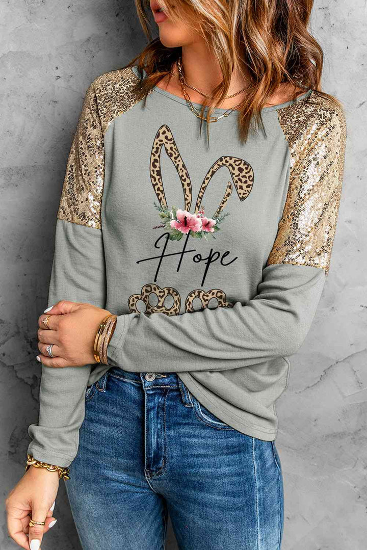 Leopard Sequin Round Neck Long Sleeve Top | 1mrk.com