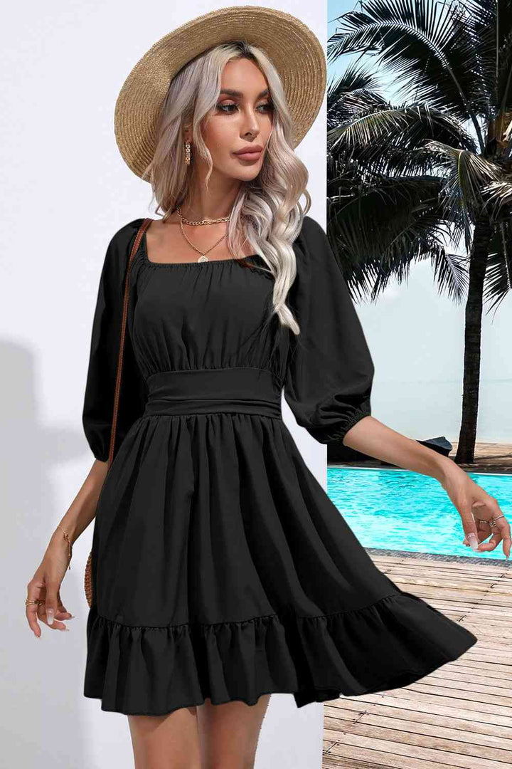 Square Neck Tie Back Ruffle Hem Dress |1mrk.com