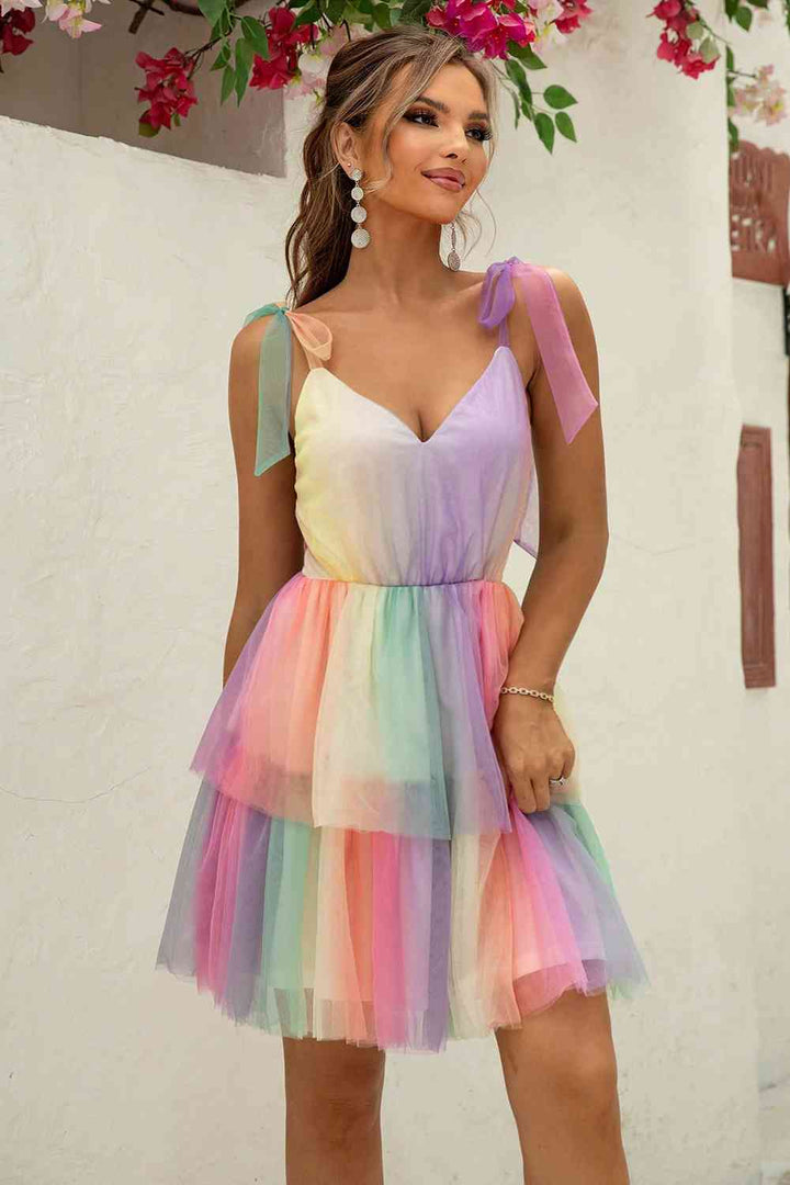 Gradient Tie-Shoulder Layered Dress |1mrk.com