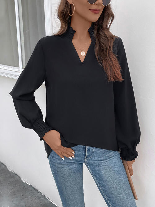 Smocked Notched Long Sleeve Blouse |1mrk.com