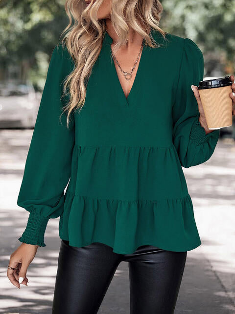 Notched Neck Lantern Sleeve Blouse |1mrk.com