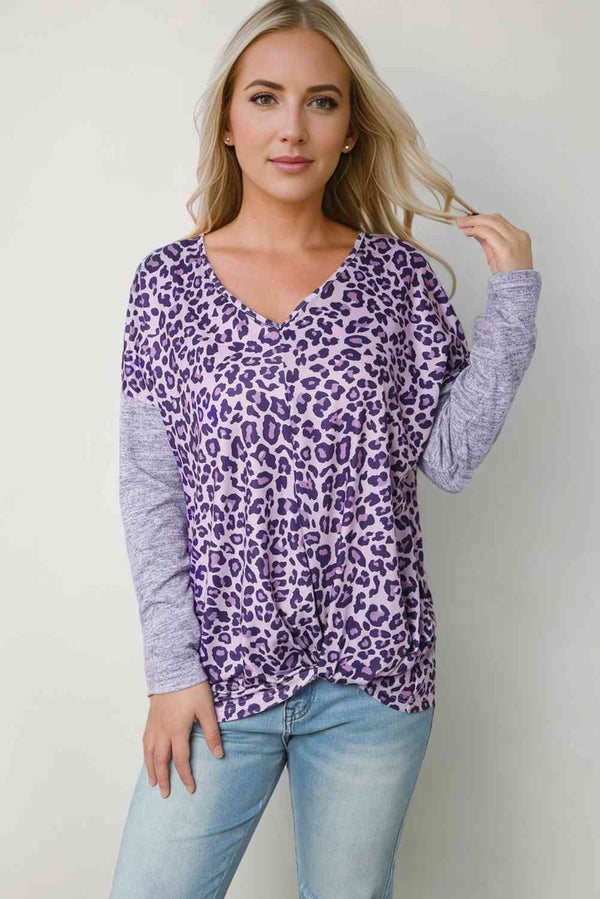 Leopard V-Neck Long Sleeve T-Shirt | 1mrk.com