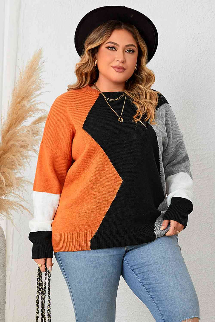 Plus Size Color Block Round Neck Knit Top | 1mrk.com