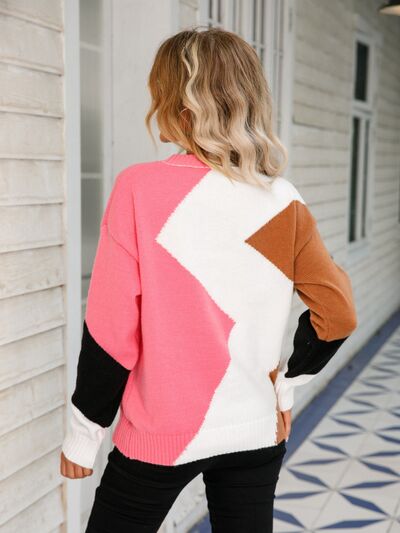 Color Block Round Neck Dropped Shoulder Sweater |1mrk.com