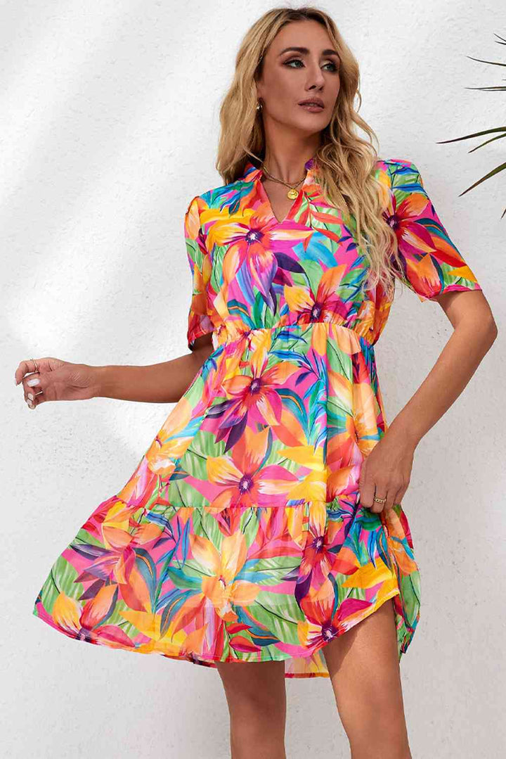 Floral Notched Neck Short Sleeve Dress |1mrk.com