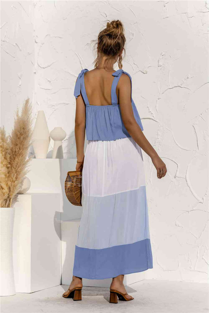 Color Block Tie Shoulder Tiered Sleeveless Dress |1mrk.com