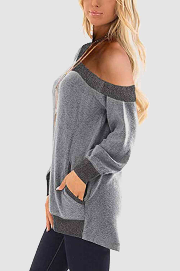 V-Neck Long Sleeve Sweatshirt with Pockets |1mrk.com