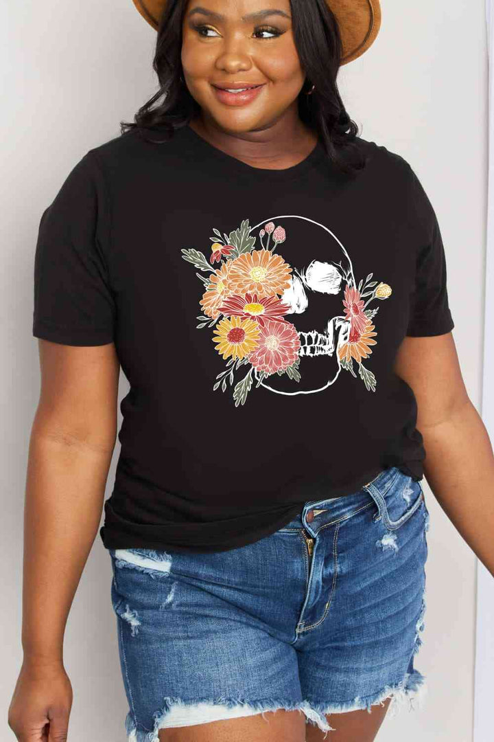 Simply Love Full Size Flower Skull Graphic Cotton Tee | 1mrk.com