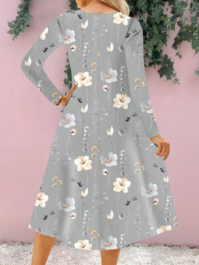 Floral Notched Long Sleeve Midi Dress |1mrk.com