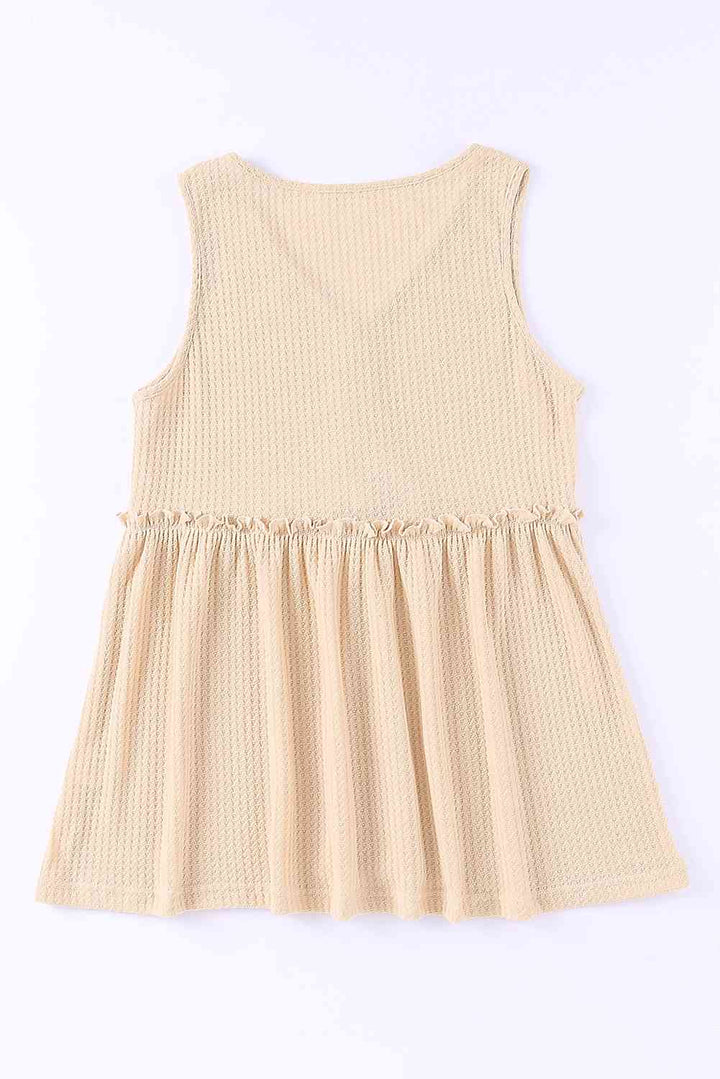 Decorative Button V-Neck Waffle-Knit Babydoll Tank | 1mrk.com