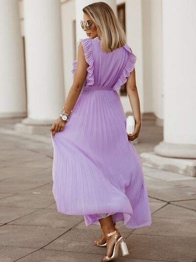 Tied Surplice Cap Sleeve Pleated Dress |1mrk.com