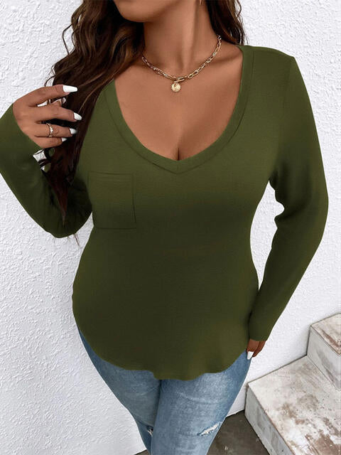 Plus Size V-Neck Long Sleeve T-Shirt | 1mrk.com