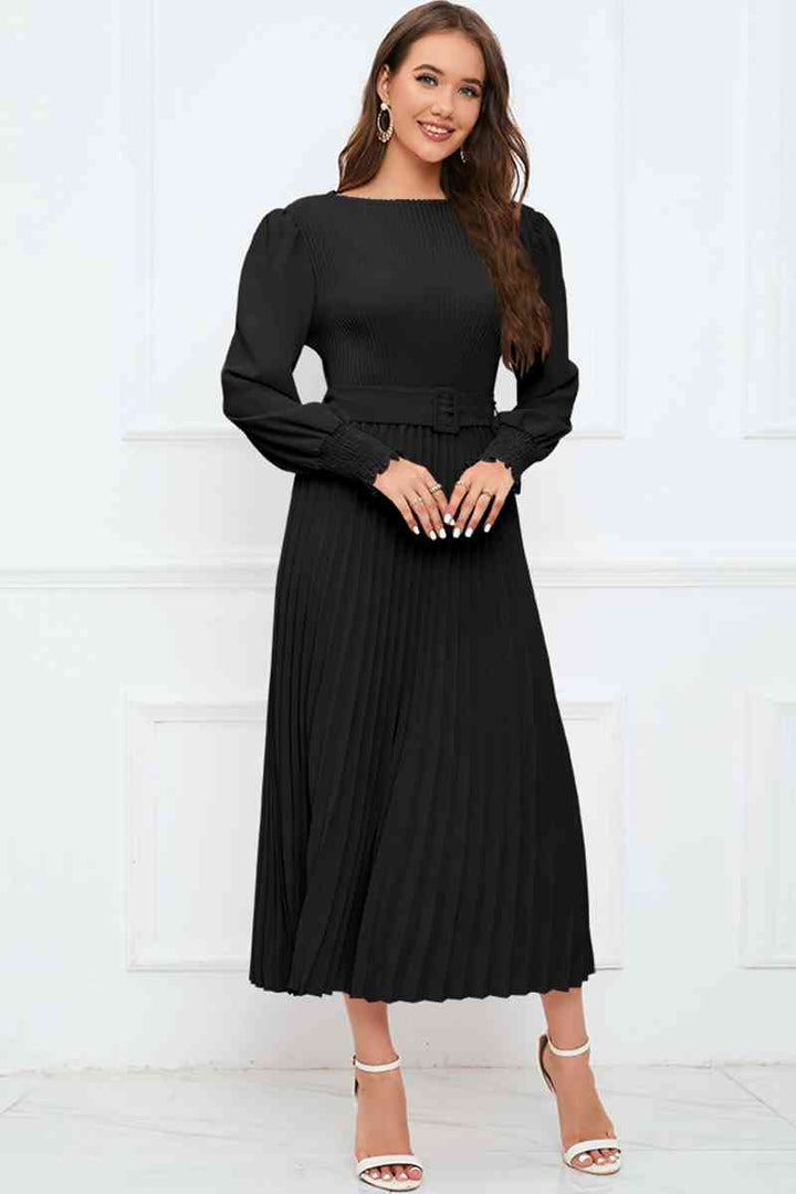 Round Neck Flounce Sleeve Pleated Dress | 1mrk.com