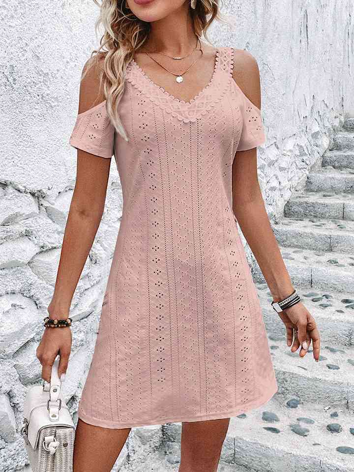 Eyelet V-Neck Cold-Shoulder Dress |1mrk.com