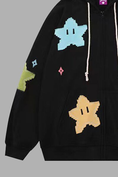 Star Drawstring Zip Up Dropped Shoulder Hoodie | Trendsi