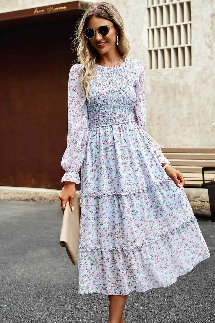 Smocked Flounce Sleeve Midi Dress | 1mrk.com