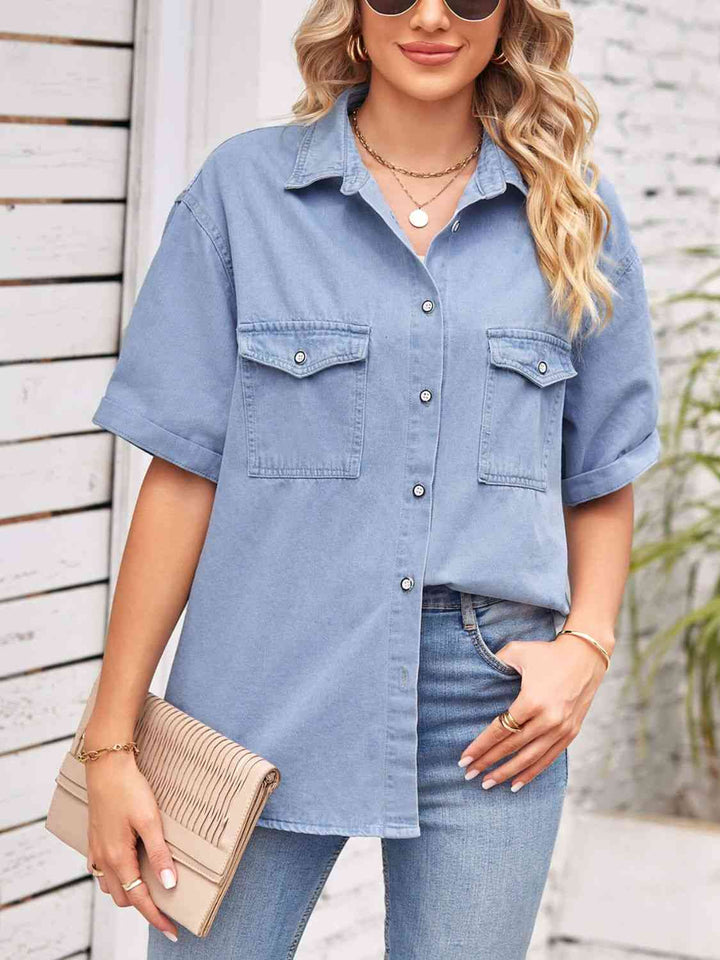 Collared Neck Short Sleeve Denim Jacket | 1mrk.com