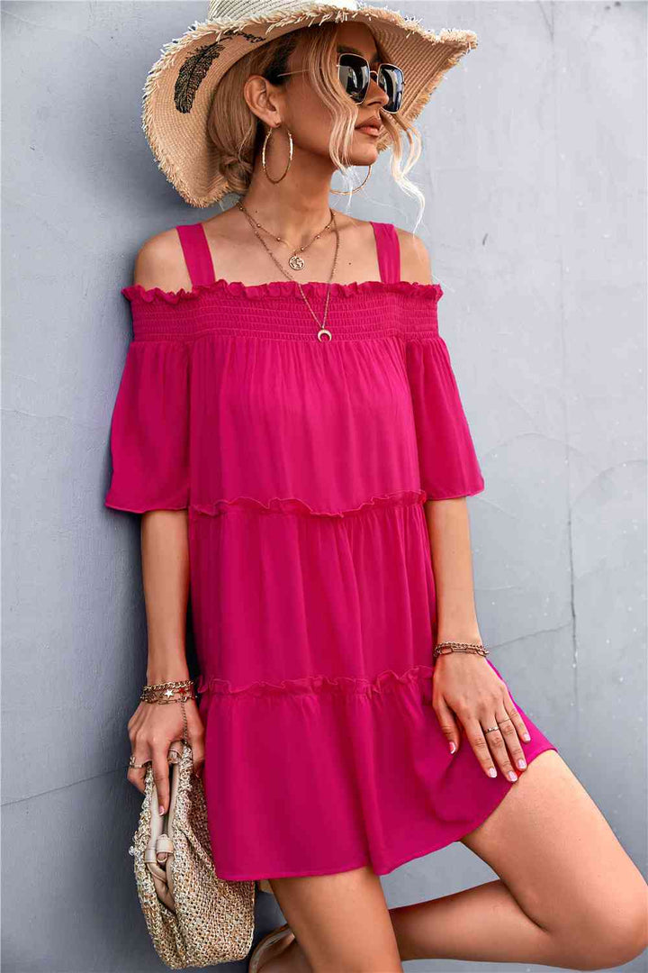 Cold-Shoulder Frill Trim Tiered Dress |1mrk.com