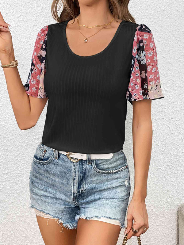 Printed Puff Sleeve Round Neck Tee | 1mrk.com