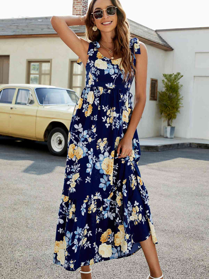 Floral Tie-Shoulder Sleeveless Dress |1mrk.com