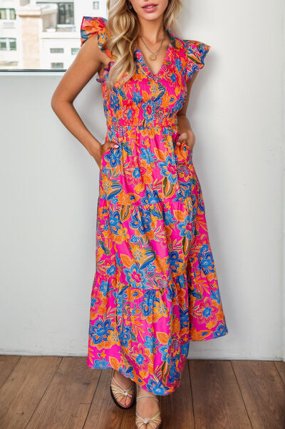 Printed V-Neck Cap Sleeve Pocketed Midi Dress |1mrk.com