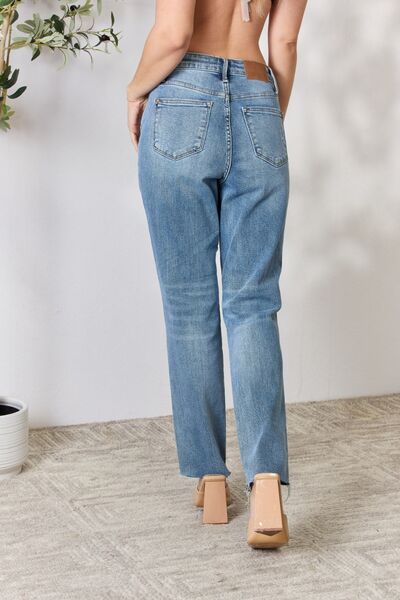 Judy Blue Full Size Distressed Raw Hem Straight Jeans | 1mrk.com