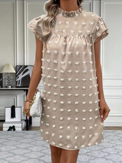 Swiss Dot Mock Neck Cap Sleeve Mini Dress |1mrk.com