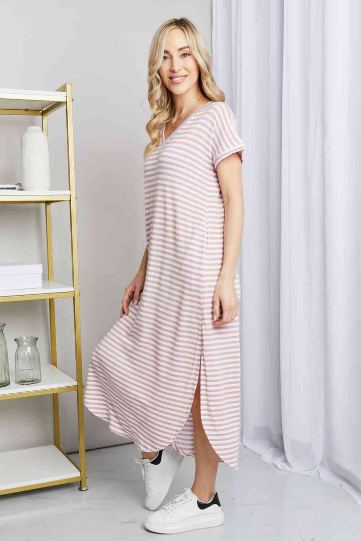 Heimish Full Size Horizontal Stripe Side Slit V-Neck Dress | 1mrk.com