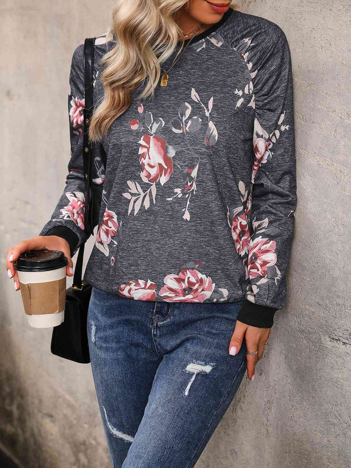 Floral Round Neck Raglan Sleeve Sweatshirt |1mrk.com