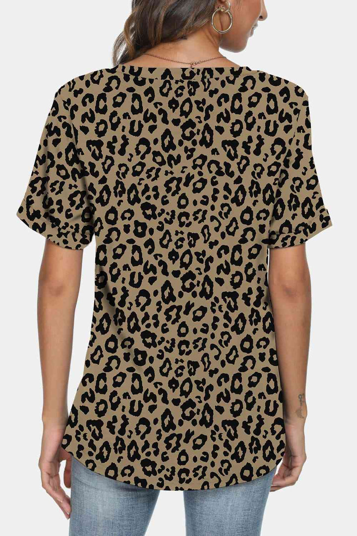 Leopard Print V-Neck Short Sleeve T-Shirt | 1mrk.com