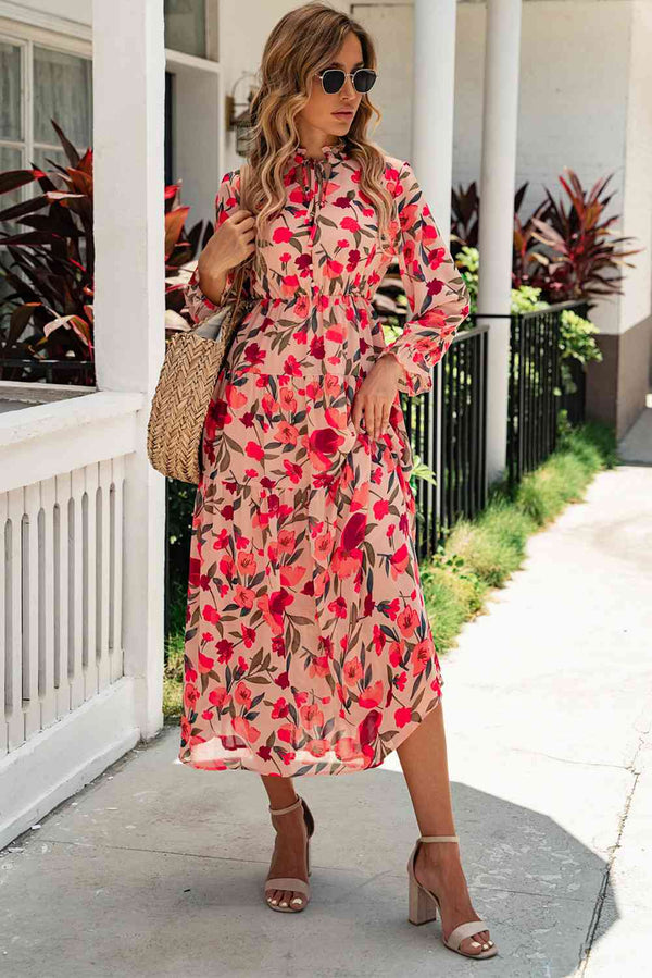 Floral Tie Neck Flounce Sleeve Tiered Dress | 1mrk.com