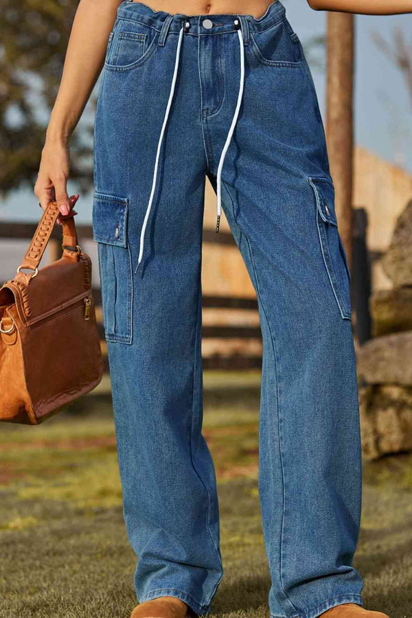 Loose Fit Drawstring Jeans with Pocket | 1mrk.com