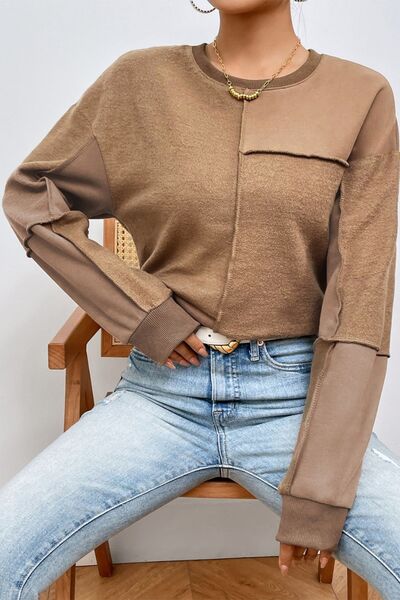 Exposed Seam Round Neck Long Sleeve Sweatshirt |1mrk.com