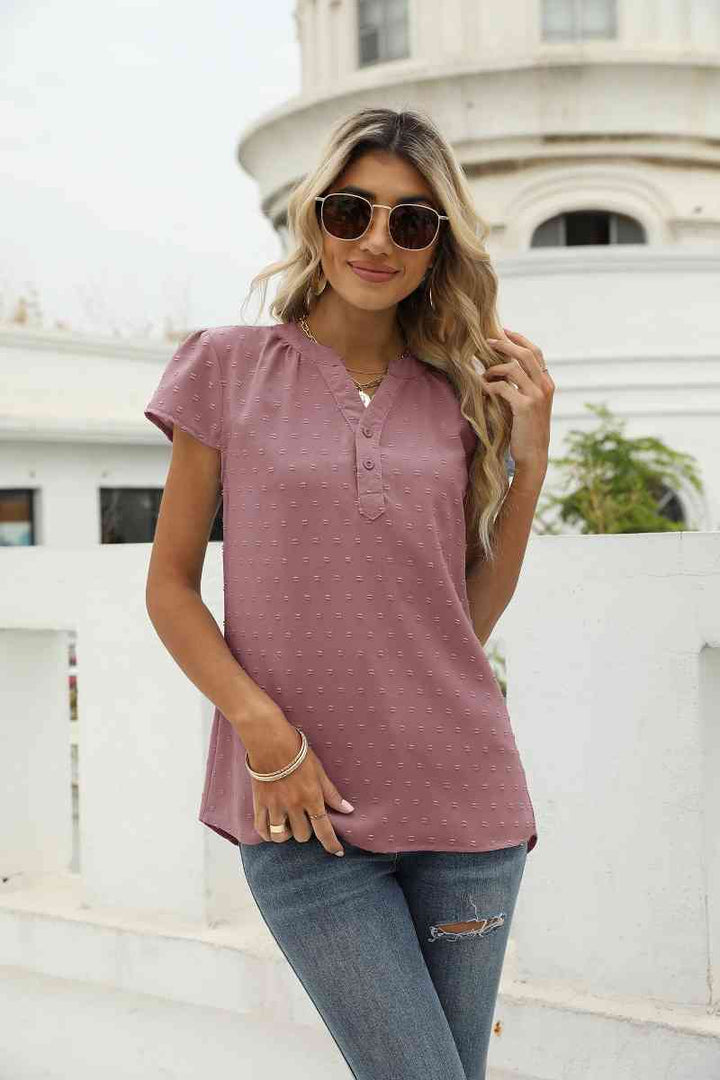 Swiss Dot Notched Neck Short Sleeve Top | 1mrk.com