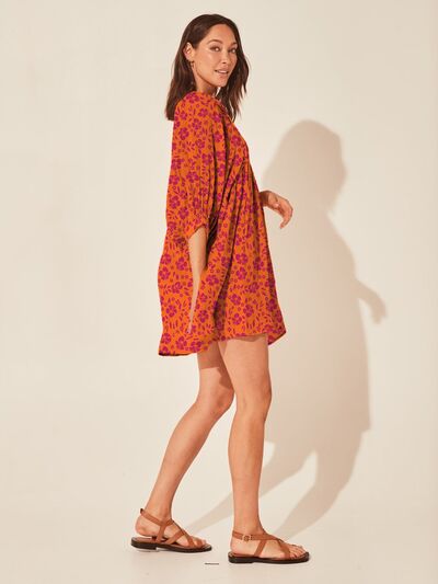 Floral Tie Neck Balloon Sleeve Dress |1mrk.com