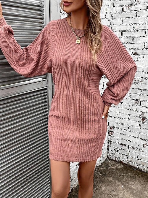 Ribbed Round Neck Long Sleeve Dress | 1mrk.com