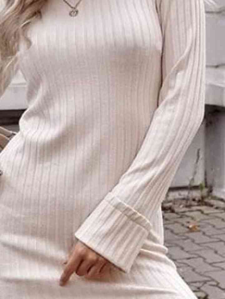 Ribbed Round Neck Long Sleeve Dress |1mrk.com