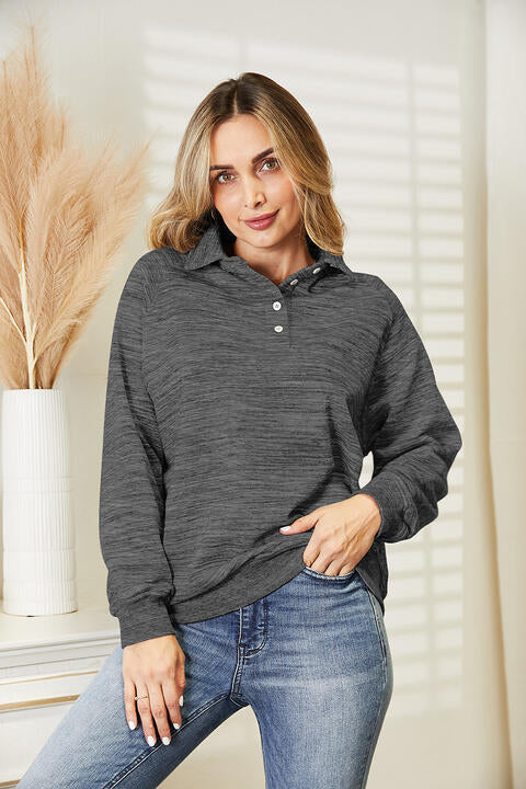 Ninexis Full Size Quarter-Button Collared Sweatshirt |1mrk.com