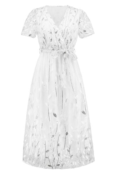 Sequin Leaf Embroidery Tie Front Short Sleeve Dress |1mrk.com