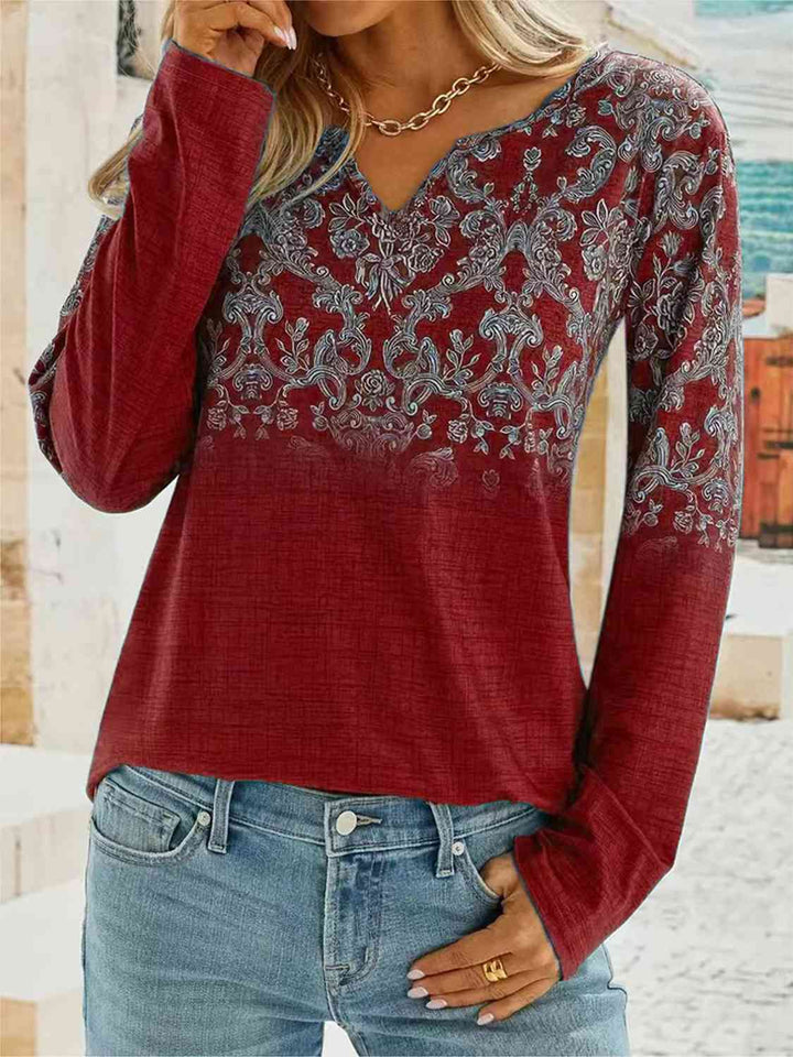 Printed Notched Long Sleeve T-Shirt | 1mrk.com