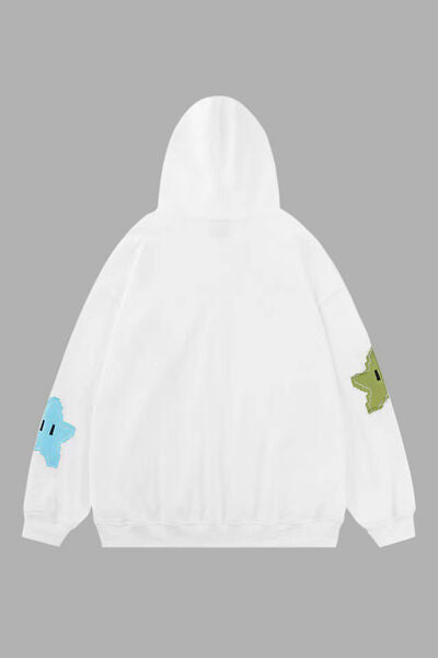 Star Drawstring Zip Up Dropped Shoulder Hoodie | Trendsi