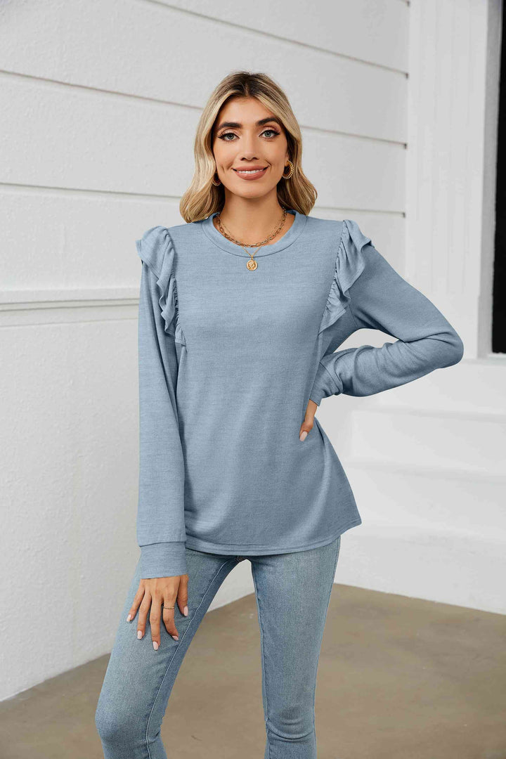 Ruffle Shoulder Long Sleeve T-Shirt | 1mrk.com