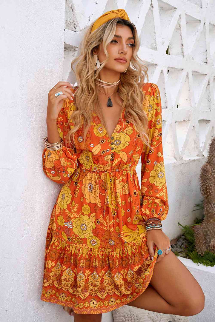 Floral Drawstring Waist Puff Sleeve Dress |1mrk.com