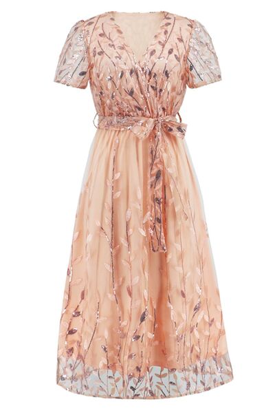 Sequin Leaf Embroidery Tie Front Short Sleeve Dress |1mrk.com