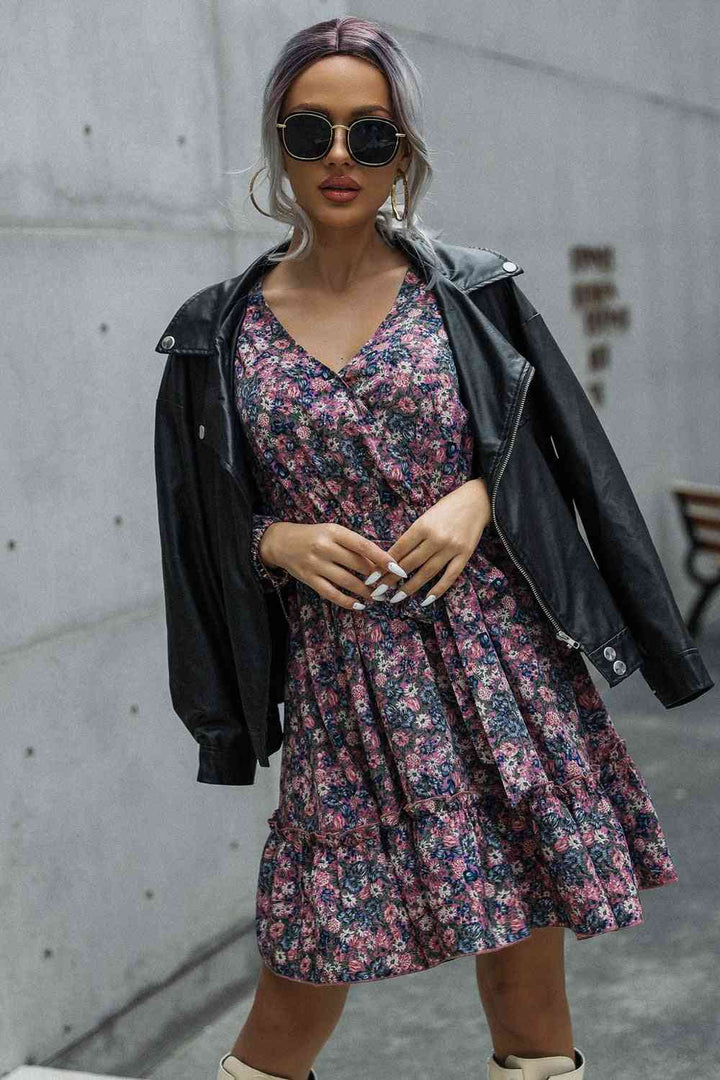 Floral Print Tie Waist Surplice Neck Mini Dress |1mrk.com