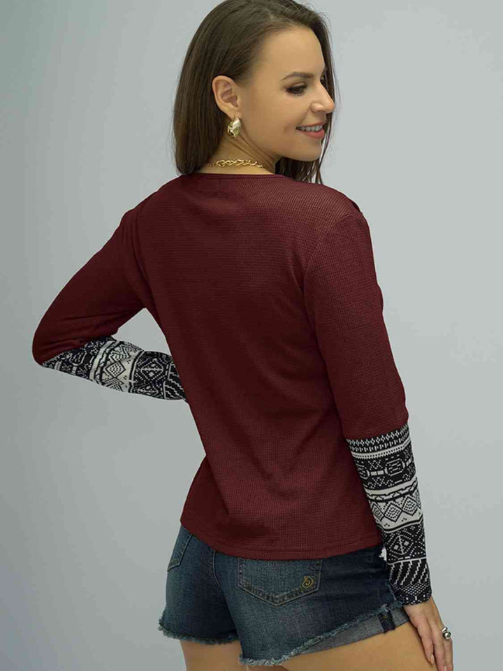 Buttoned Round Neck Long Printed Sleeve Tee | 1mrk.com