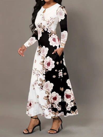 Pocketed Printed Long Sleeve Dress | Trendsi