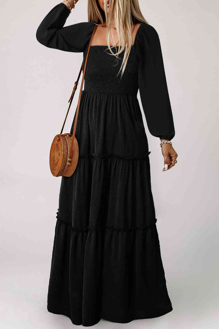 Square Neck Long Sleeve Tiered Dress |1mrk.com